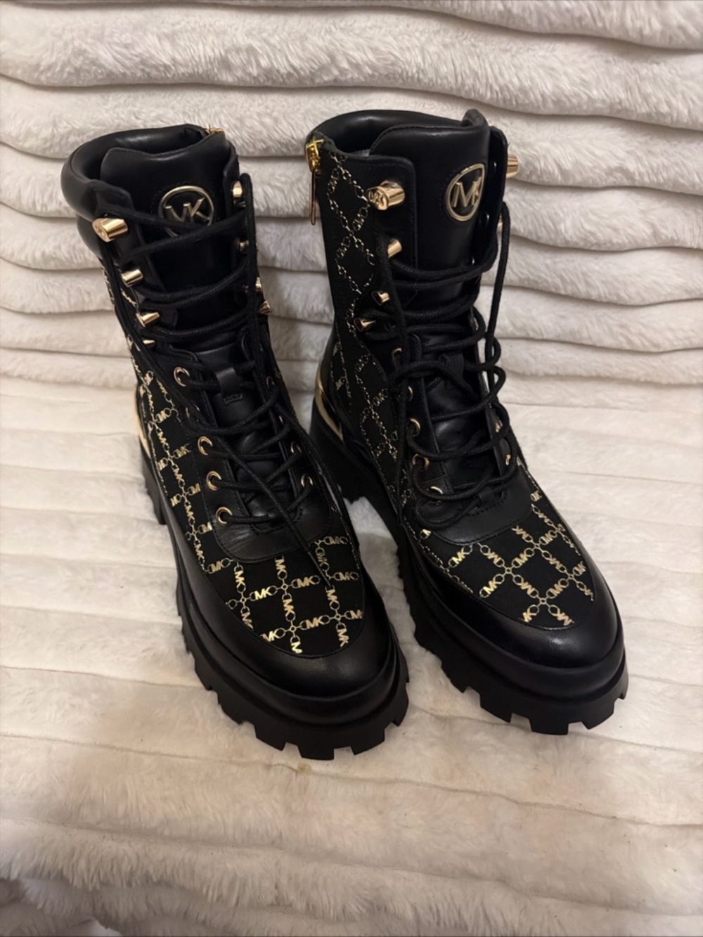 Michael Kors Black and Gold Logo Lace-Up Combat Boots